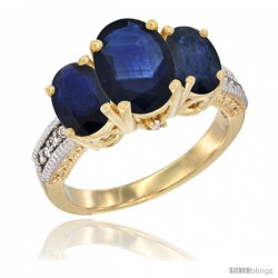 10K Yellow Gold Ladies 3-Stone Oval Natural Blue Sapphire Ring Diamond Accent