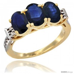 10K Yellow Gold Natural Blue Sapphire Ring 3-Stone Oval 7x5 mm Diamond Accent