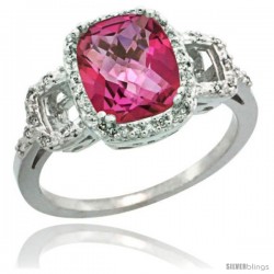 10k White Gold Diamond Pink Topaz Ring 2 ct Checkerboard Cut Cushion Shape 9x7 mm, 1/2 in wide