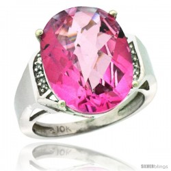 10k White Gold Diamond Pink Topaz Ring 9.7 ct Large Oval Stone 16x12 mm, 5/8 in wide