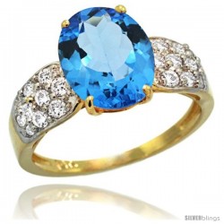 14k Gold Natural Swiss Blue Topaz Ring 10x8 mm Oval Shape Diamond Accent, 3/8inch wide