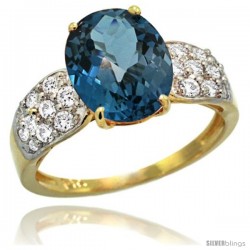 14k Gold Natural London Blue Topaz Ring 10x8 mm Oval Shape Diamond Accent, 3/8inch wide