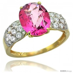 14k Gold Natural Pink Topaz Ring 10x8 mm Oval Shape Diamond Accent, 3/8inch wide