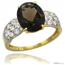 14k Gold Natural Smoky Topaz Ring 10x8 mm Oval Shape Diamond Accent, 3/8inch wide