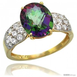 14k Gold Natural Mystic Topaz Ring 10x8 mm Oval Shape Diamond Accent, 3/8inch wide