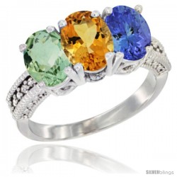 14K White Gold Natural Green Amethyst, Citrine & Tanzanite Ring 3-Stone 7x5 mm Oval Diamond Accent