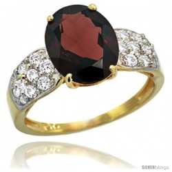 14k Gold Natural Garnet Ring 10x8 mm Oval Shape Diamond Accent, 3/8inch wide