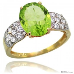 14k Gold Natural Peridot Ring 10x8 mm Oval Shape Diamond Accent, 3/8inch wide