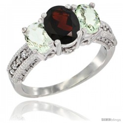 14k White Gold Ladies Oval Natural Garnet 3-Stone Ring with Green Amethyst Sides Diamond Accent