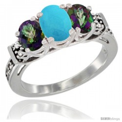 14K White Gold Natural Turquoise & Mystic Topaz Ring 3-Stone Oval with Diamond Accent