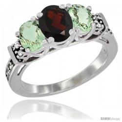 14K White Gold Natural Garnet & Green Amethyst Ring 3-Stone Oval with Diamond Accent