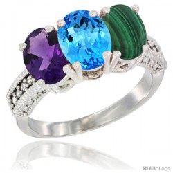 14K White Gold Natural Amethyst, Swiss Blue Topaz & Malachite Ring 3-Stone 7x5 mm Oval Diamond Accent