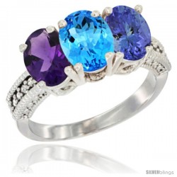 14K White Gold Natural Amethyst, Swiss Blue Topaz & Tanzanite Ring 3-Stone 7x5 mm Oval Diamond Accent