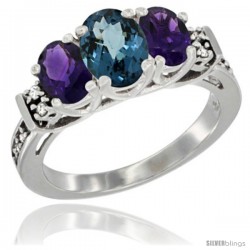 14K White Gold Natural London Blue Topaz & Amethyst Ring 3-Stone Oval with Diamond Accent