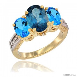 10K Yellow Gold Ladies 3-Stone Oval Natural London Blue Topaz Ring with Swiss Blue Topaz Ring Sides Diamond Accent