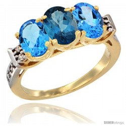 10K Yellow Gold Natural London Blue Topaz & Swiss Blue Topaz Sides Ring 3-Stone Oval 7x5 mm Diamond Accent