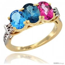 10K Yellow Gold Natural Swiss Blue Topaz, London Blue Topaz & Pink Topaz Ring 3-Stone Oval 7x5 mm Diamond Accent