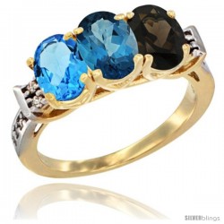 10K Yellow Gold Natural Swiss Blue Topaz, London Blue Topaz & Smoky Topaz Ring 3-Stone Oval 7x5 mm Diamond Accent