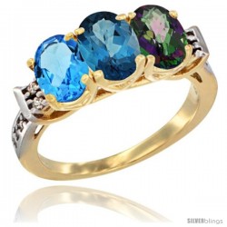 10K Yellow Gold Natural Swiss Blue Topaz, London Blue Topaz & Mystic Topaz Ring 3-Stone Oval 7x5 mm Diamond Accent