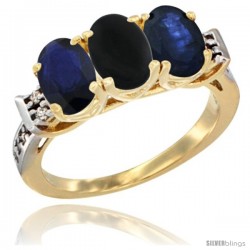 10K Yellow Gold Natural Black Onyx & Blue Sapphire Sides Ring 3-Stone Oval 7x5 mm Diamond Accent