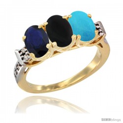 10K Yellow Gold Natural Blue Sapphire, Black Onyx & Turquoise Ring 3-Stone Oval 7x5 mm Diamond Accent