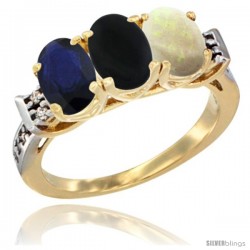 10K Yellow Gold Natural Blue Sapphire, Black Onyx & Opal Ring 3-Stone Oval 7x5 mm Diamond Accent