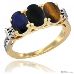 10K Yellow Gold Natural Blue Sapphire, Black Onyx & Tiger Eye Ring 3-Stone Oval 7x5 mm Diamond Accent