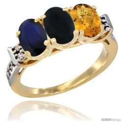 10K Yellow Gold Natural Blue Sapphire, Black Onyx & Whisky Quartz Ring 3-Stone Oval 7x5 mm Diamond Accent