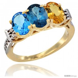 10K Yellow Gold Natural Swiss Blue Topaz, London Blue Topaz & Citrine Ring 3-Stone Oval 7x5 mm Diamond Accent