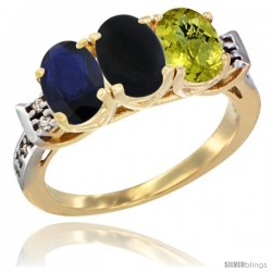 10K Yellow Gold Natural Blue Sapphire, Black Onyx & Lemon Quartz Ring 3-Stone Oval 7x5 mm Diamond Accent