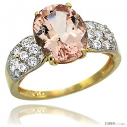 14k Gold Natural Morganite Ring 10x8 mm Oval Shape Diamond Accent, 3/8inch wide