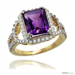 14k Gold Natural Amethyst Ring 10x8 mm Emerald Shape Diamond Halo, 1/2inch wide