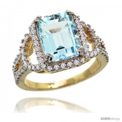 14k Gold Sky Blue Topaz Halo Engagement Ring 3.10 Carats Emerald Cut Stone 0.41 cttw Diamonds, 1/2inch.