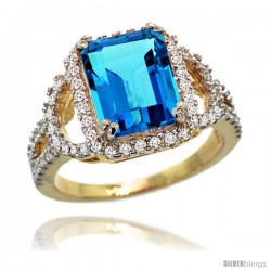 14k Gold Natural Swiss Blue Topaz Ring 10x8 mm Emerald Shape Diamond Halo, 1/2inch wide