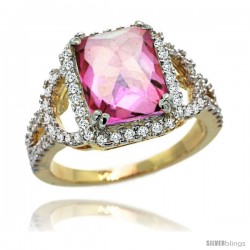 14k Gold Natural Pink Topaz Ring 10x8 mm Emerald Shape Diamond Halo, 1/2inch wide