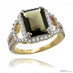 14k Gold Natural Smoky Topaz Ring 10x8 mm Emerald Shape Diamond Halo, 1/2inch wide