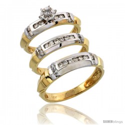 14k Gold 3-Piece Trio His (5mm) & Hers (4mm) Diamond Wedding Band Set w/ Rhodium Accent, w/ 0.63 Carat Brilliant Cut Diamonds