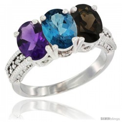 14K White Gold Natural Amethyst, London Blue Topaz & Smoky Topaz Ring 3-Stone 7x5 mm Oval Diamond Accent