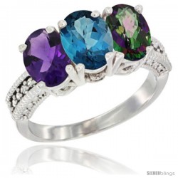 14K White Gold Natural Amethyst, London Blue Topaz & Mystic Topaz Ring 3-Stone 7x5 mm Oval Diamond Accent