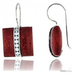 Sterling Silver Square Cushion Natural Red Coral Earrings 11/16" (18 mm)