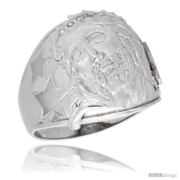 size 10 20mm wide Sterling Silver Mens Jesus Christ Ring w/ Brilliant Cut CZ Stones 13/16 in.