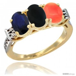 10K Yellow Gold Natural Blue Sapphire, Black Onyx & Coral Ring 3-Stone Oval 7x5 mm Diamond Accent