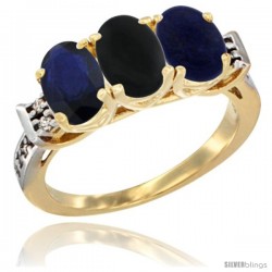 10K Yellow Gold Natural Blue Sapphire, Black Onyx & Lapis Ring 3-Stone Oval 7x5 mm Diamond Accent