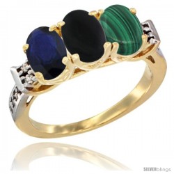 10K Yellow Gold Natural Blue Sapphire, Black Onyx & Malachite Ring 3-Stone Oval 7x5 mm Diamond Accent