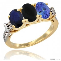 10K Yellow Gold Natural Blue Sapphire, Black Onyx & Tanzanite Ring 3-Stone Oval 7x5 mm Diamond Accent