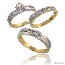 Gold Plated Sterling Silver Diamond Trio Wedding Ring Set His 4.5mm & Hers 3.5mm