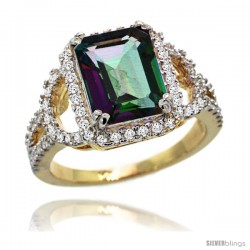 14k Gold Natural Mystic Topaz Ring 10x8 mm Emerald Shape Diamond Halo, 1/2inch wide