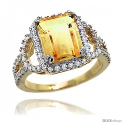 14k Gold Natural Citrine Ring 10x8 mm Emerald Shape Diamond Halo, 1/2inch wide