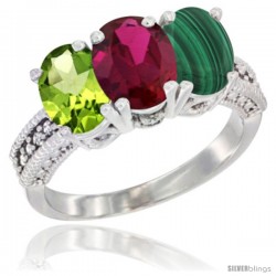 10K White Gold Natural Peridot, Ruby & Malachite Ring 3-Stone Oval 7x5 mm Diamond Accent