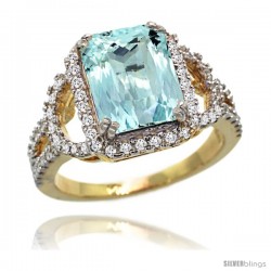 14k Gold Natural Aquamarine Ring 10x8 mm Emerald Shape Diamond Halo, 1/2inch wide